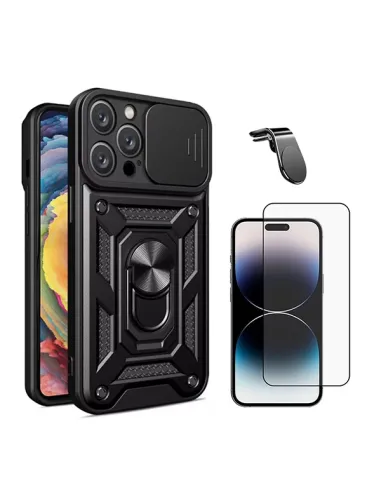 Kit Vidro Premium Full Cover + Capa Magnetic Slide Window + Suporte Magnético L  Para Apple iPhone 16 Pro Max - Preto