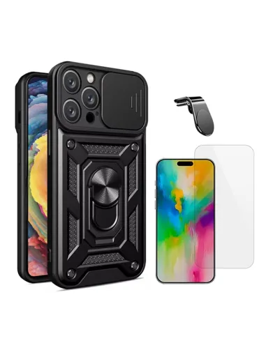 Kit Vidro Temperado Clearglass + Capa Magnetic Slide Window + Suporte Magnético L  Para Apple iPhone 16 Pro - Preto