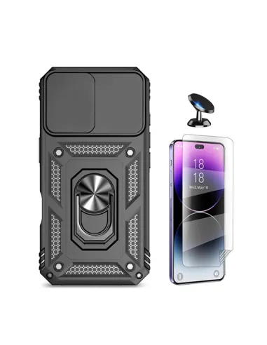 Kit Película Hydrogel Frente + Capa Magnetic Slide Window + Suporte Magnético Para Apple iPhone 16 - Preto