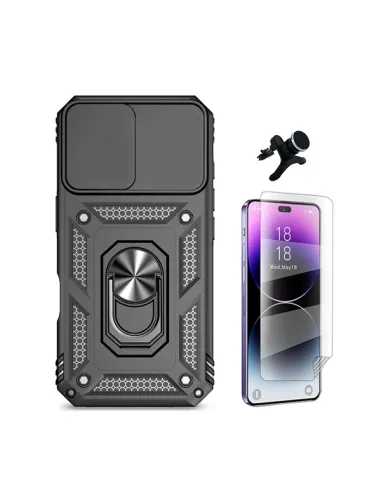 Kit Película Hydrogel Frente + Capa Magnetic Slide Window + Suporte Magnético Reforçado   Para Apple iPhone 16 - Preto