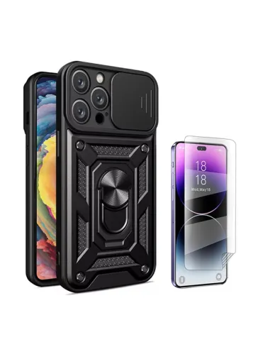 Kit Película Hydrogel Frente + Capa Magnetic Slide Window  Para Apple iPhone 16 Pro - Preto