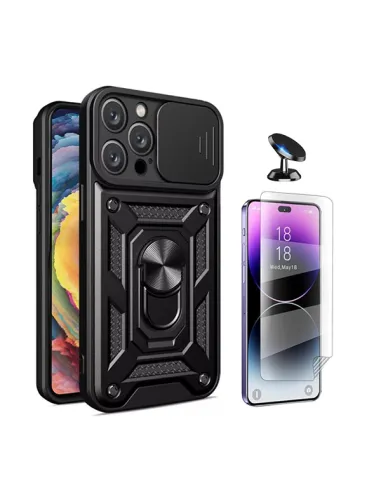 Kit Película Hydrogel Frente + Capa Magnetic Slide Window + Suporte Magnético Para Apple iPhone 16 Pro - Preto