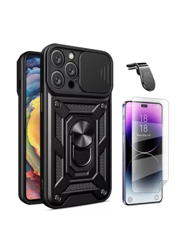 Kit Película Hydrogel Frente + Capa Magnetic Slide Window + Suporte Magnético L  Para Apple iPhone 16 Pro - Preto