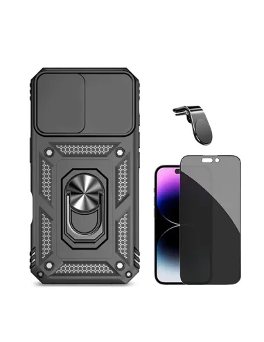 Kit Película Anti-Spy + Capa Magnetic Slide Window + Suporte Magnético L  Para Apple iPhone 16 - Preto