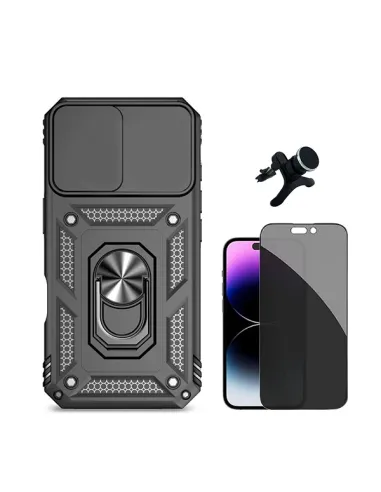 Kit Película Anti-Spy + Capa Magnetic Slide Window + Suporte Magnético Reforçado   Para Apple iPhone 16 - Preto