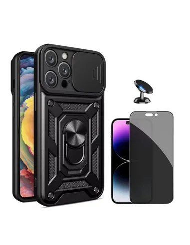 Kit Película Anti-Spy + Capa Magnetic Slide Window + Suporte Magnético Para Apple iPhone 16 Pro - Preto