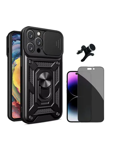 Kit Película Anti-Spy + Capa Magnetic Slide Window + Suporte Magnético Reforçado   Para Apple iPhone 16 Pro - Preto