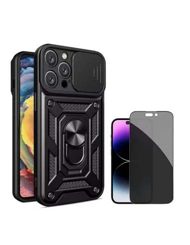 Kit Película Anti-Spy + Capa Magnetic Slide Window  Para Apple iPhone 16 Pro Max - Preto