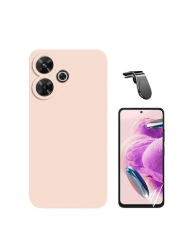 Kit Película Hydrogel Full Cover Frente + Capa Silicone Líquido + Suporte L Compativel Com Xiaomi Redmi 13 5G - Rosa