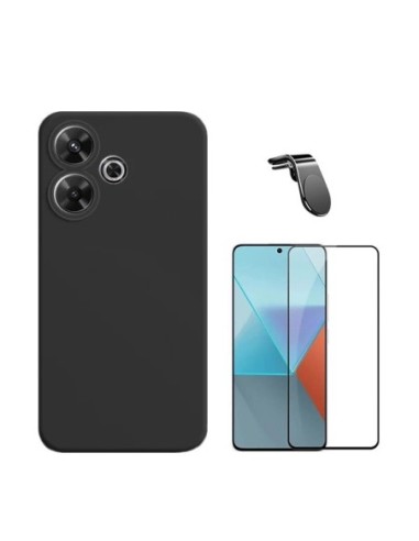 Kit Película de Vidro Temperado 5d Full Cover + Capa Silicone Líquido + Suporte L Compativel Com Xiaomi Redmi 13 5G - Preto