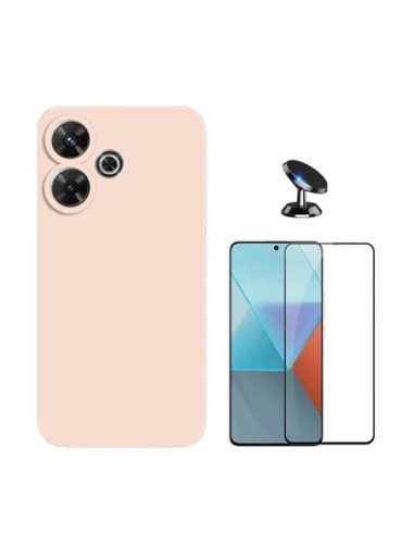 Kit Película de Vidro Temperado 5d Full Cover + Capa Silicone Líquido + Suporte de Carro Compativel Com Xiaomi Redmi 13 5G - Rosa