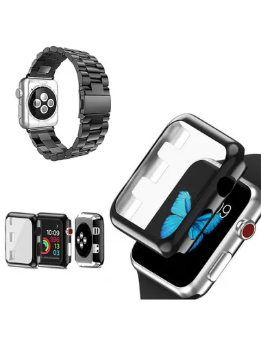 Kit Bracelete Aço Stainless Lux + Capa Anti-Impacto  Para Apple Watch Series 10 - 42mm - Preto / Transparente