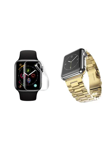 Kit Bracelete Aço Stainless Lux + Película de Gel Full Cover  Para Apple Watch Series 10 - 42mm - Ouro / Transparente