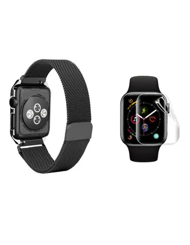 Kit Bracelete Milanese Loop Fecho Magnético + Película de Gel Para Apple Watch Series 10 - 42mm - Preto / Transparente