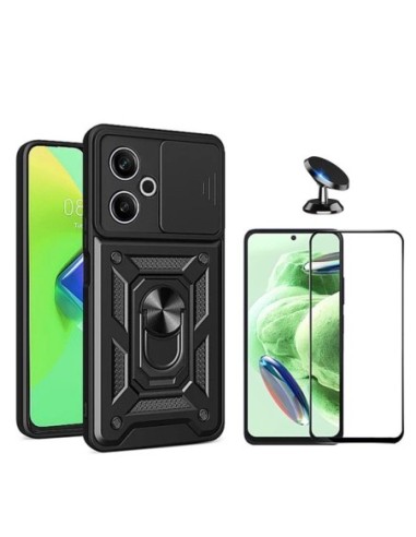 Kit Película de Vidro Temperado 5d + Capa Military Defender Slide + Suporte de Carro Compativel Com Xiaomi Redmi 13 5G - Preto