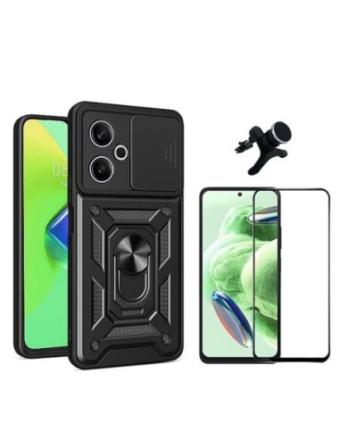 Kit Película de Vidro Temperado 5d+ Capa Military Defender Slide + Suporte Reforçado Compativel Com Xiaomi Redmi 13 5G - Preto