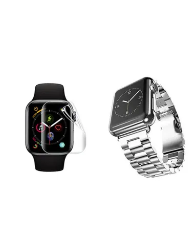 Kit Bracelete Aço Stainless Lux + Película de Gel Full Cover  Para Apple Watch Series 10 - 46mm - Cinza / Transparente