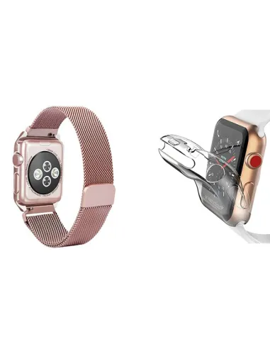 Kit Bracelete Milanese Loop Fecho Magnético + Capa Anti-Impacto  Para Apple Watch Series 10 - 46mm - Rosa / Transparente