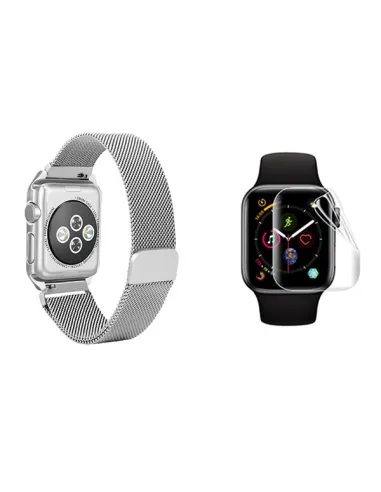 Kit Bracelete Milanese Loop Fecho Magnético + Película de Gel Para Apple Watch Series 10 - 46mm - Cinza / Transparente