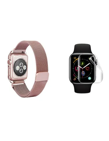 Kit Bracelete Milanese Loop Fecho Magnético + Película de Gel Para Apple Watch Series 10 - 46mm - Rosa / Transparente