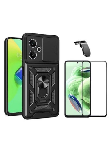 Kit Película de Vidro Temperado 5d + Capa Military Defender Slide + Suporte L Compativel Com Xiaomi Poco M6 4G - Preto