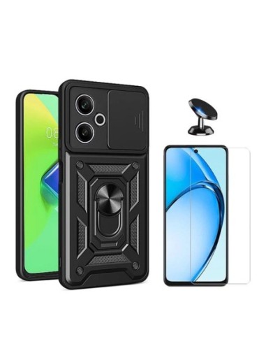 Kit Vidro Temperado Clearglass + Capa Military Defender Slide Window + Suporte de Carro Compativel Com Xiaomi Poco M6 4G - Preto