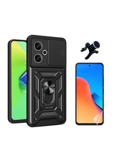 Kit Película Hydrogel Frente + Capa Military Defender Slide Window + Suporte Reforçado Compativel Com Xiaomi Redmi 13 5G - Preto