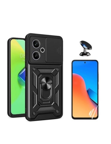 Kit Película Hydrogel Frente + Capa Magnetic Military Defender Slide Window + Suporte de Carro Compativel Com Xiaomi Redmi 13 - Preto