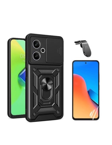 Kit Película Hydrogel Full Cover Frente + Capa Military Defender Slide Window + Suporte L Compativel Com Xiaomi Poco M6 4G - Preto