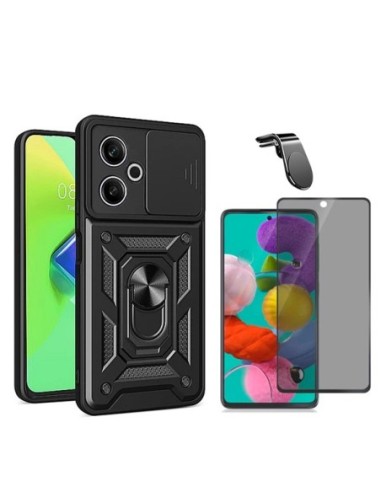 Kit Película 5d Anti-Spy + Capa Military Defender Slide Window Anti-Impacto + Suporte L Compativel Com Xiaomi Redmi 13 5G - Preto