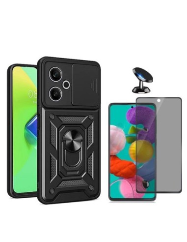 Kit Película 5d Anti-Spy + Capa Military Defender Slide Window  + Suporte de Carro Compativel Com Xiaomi Poco M6 4G - Preto