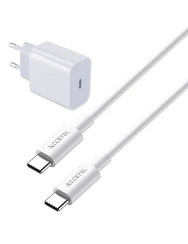 Kit Base Carregador Type C FastCharge 20W + Cabo 100W 5A 1m Type-C ACCETEL para Apple iPhone 15 Pro Max - Branco