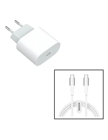 Kit Base Carregador Type C FastCharge 20W + Cabo 60W 3.0A 1m PD ACCETEL para Apple iPhone 15 - Branco