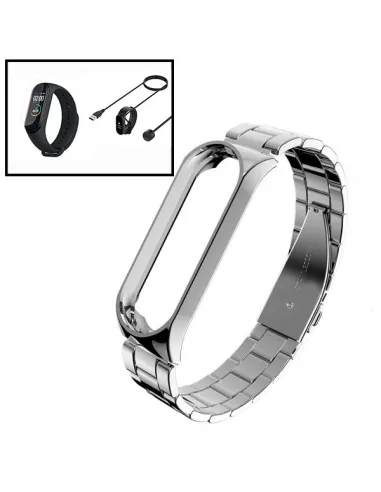 Kit Bracelete Aço Stainless Lux + Carregador + Película Gel para AmazFit Band 5 - Cinza