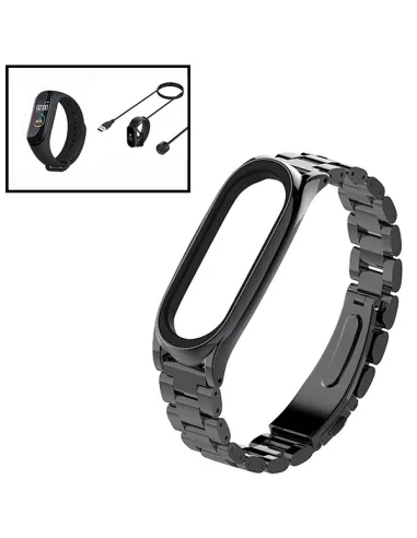 Kit Bracelete Aço Stainless Lux + Carregador + Película Gel para AmazFit Band 5 - Preto