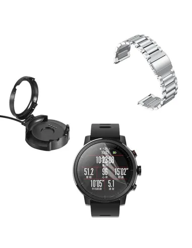 Kit Bracelete Aço Stainless Lux + Carregador + Película Gel para AmazFit Pace 2 - Cinza