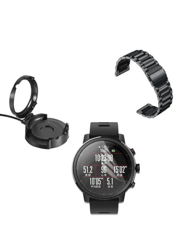 Kit Bracelete Aço Stainless Lux + Carregador + Película Gel para AmazFit Pace 2 - Preto