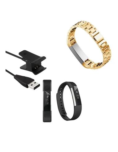 Kit Bracelete Aço Stainless Lux + Carregador + Película Gel para Fitbit Alta - Ouro