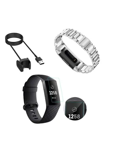 Kit Bracelete Aço Stainless Lux + Carregador + Película Gel para Fitbit Charge 3 - Cinza