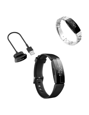 Kit Bracelete Aço Stainless Lux + Carregador + Película Gel para Fitbit Inspire - Cinza