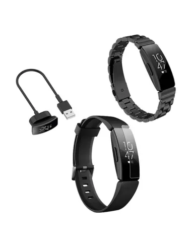 Kit Bracelete Aço Stainless Lux + Carregador + Película Gel para Fitbit Inspire - Preto