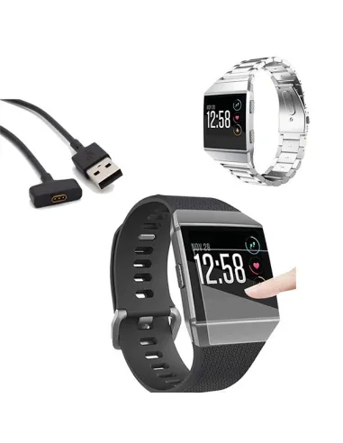 Kit Bracelete Aço Stainless Lux + Carregador + Película Gel para Fitbit Ionic - Cinza