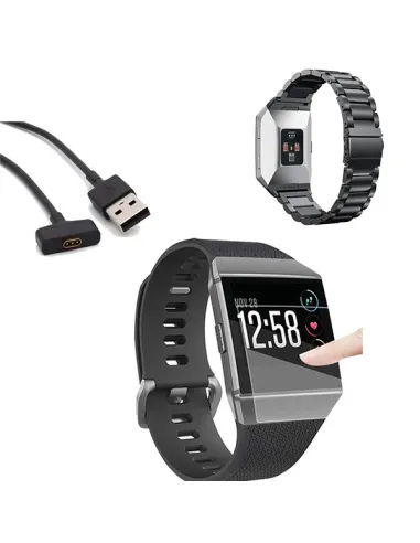 Kit Bracelete Aço Stainless Lux + Carregador + Película Gel para Fitbit Ionic - Preto