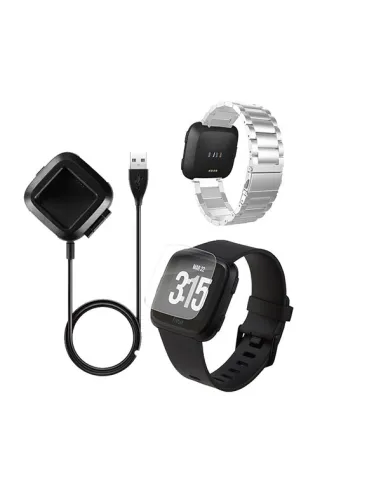 Kit Bracelete Aço Stainless Lux + Carregador + Película Gel para Fitbit Versa - Cinza