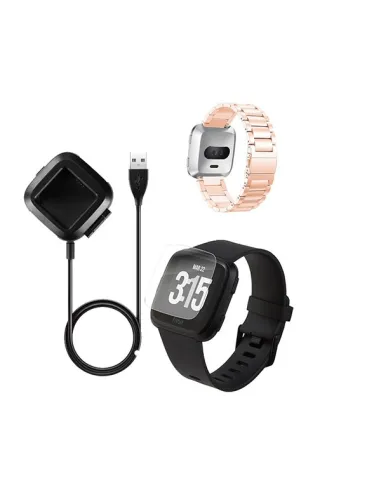 Kit Bracelete Aço Stainless Lux + Carregador + Película Gel para Fitbit Versa Lite - Ouro