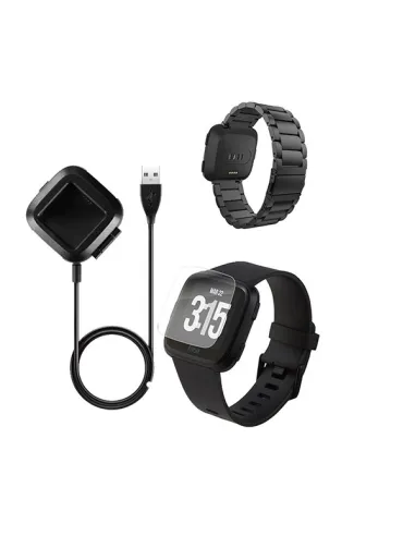 Kit Bracelete Aço Stainless Lux + Carregador + Película Gel para Fitbit Versa Lite - Preto