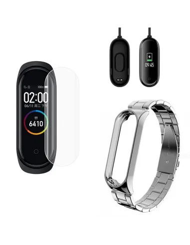 Kit Bracelete Aço Stainless Lux + Carregador + Película Gel para Xiaomi Mi Band 4 - Cinza