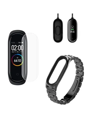 Kit Bracelete Aço Stainless Lux + Carregador + Película Gel para Xiaomi Mi Band 4 - Preto