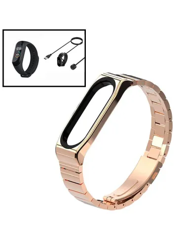 Kit Bracelete Aço Stainless Lux + Carregador + Película Gel para Xiaomi Mi Band 6 - Ouro