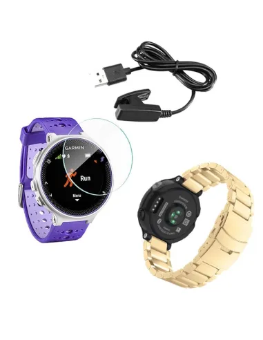 Kit Bracelete Aço Stainless Lux + Carregador + Película para Garmin Forerunner 230 - Ouro